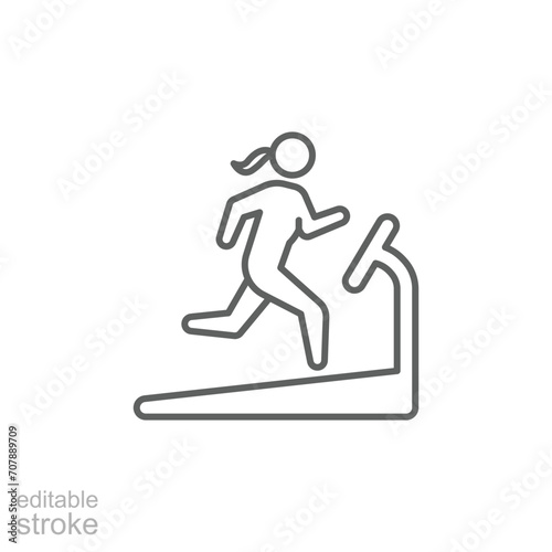Woman running on treadmill icon. Simple outline style. Run  female  gym equipment  fitness  exercise machine  sport concept. Thin line symbol. Vector isolated on white background. Editable stroke SVG.
