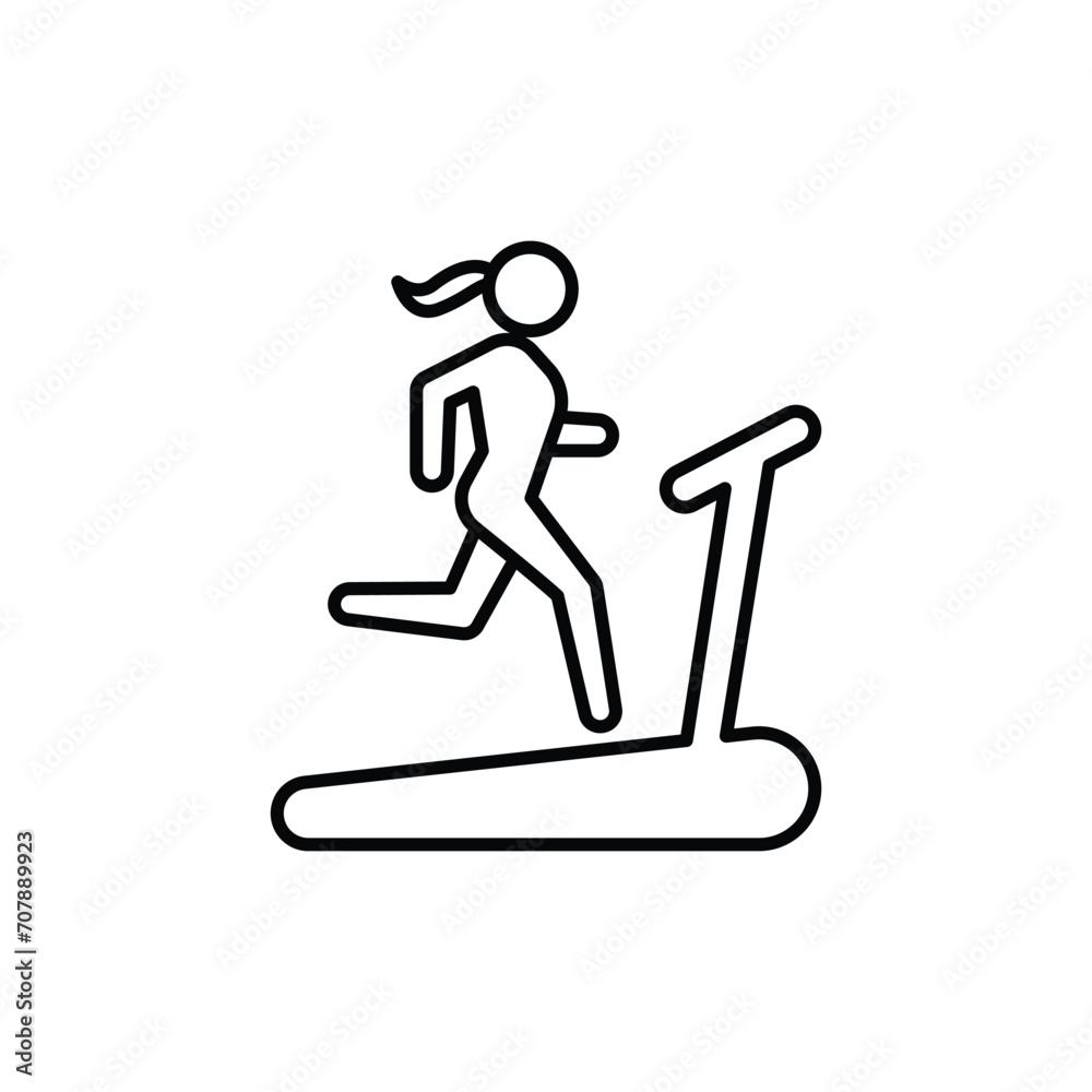 Woman running on treadmill icon. Simple outline style. Run, female, gym equipment, fitness, exercise machine, sport concept. Thin line symbol. Vector isolated on white background. SVG.