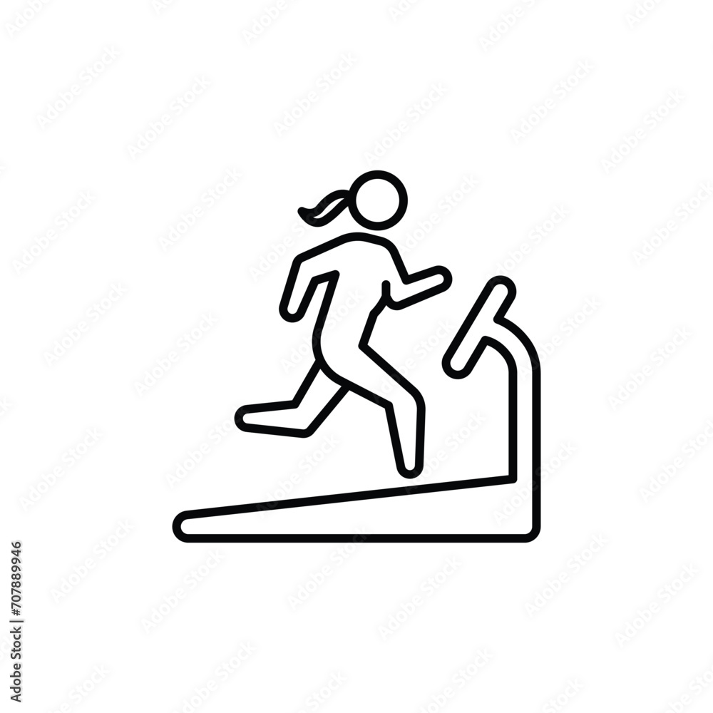 Woman running on treadmill icon. Simple outline style. Run, female, gym equipment, fitness, exercise machine, sport concept. Thin line symbol. Vector isolated on white background. SVG. Woman running on treadmill icon. Simple outline style. Run, female, gym equipment, fitness, exercise machine, sport concept. Thin line symbol. Vector isolated on white background. SVG.
