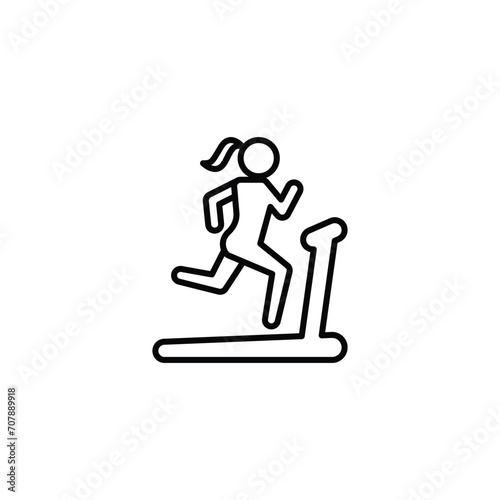 Woman running on treadmill icon. Simple outline style. Run, female, gym equipment, fitness, exercise machine, sport concept. Thin line symbol. Vector isolated on white background. SVG.