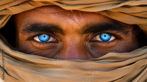A striking close-up of vivid blue eyes peering through a sandy-hued veil © EVGENIA