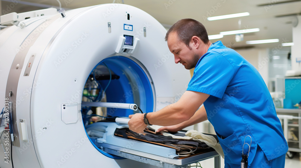 A hospital researcher performs routine maintenance on an MRI scanner. Generative AI A hospital researcher performs routine maintenance on an MRI scanner. Generative AI