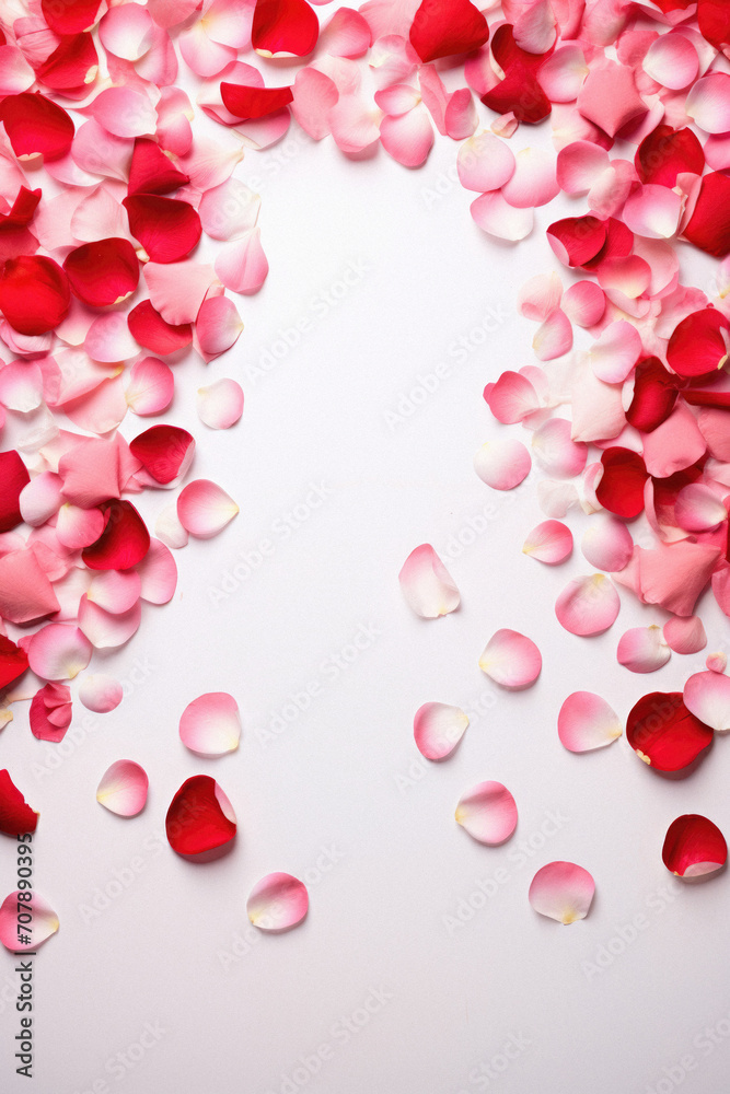 Red rose petals on white background with copy space for text. Red rose petals on white background with copy space for text.