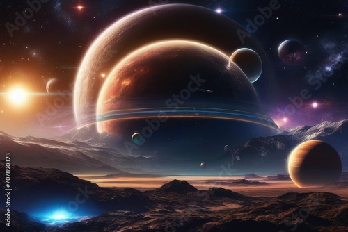 Space futuristic landscape with planets and space objects. The universe  galaxies and stars