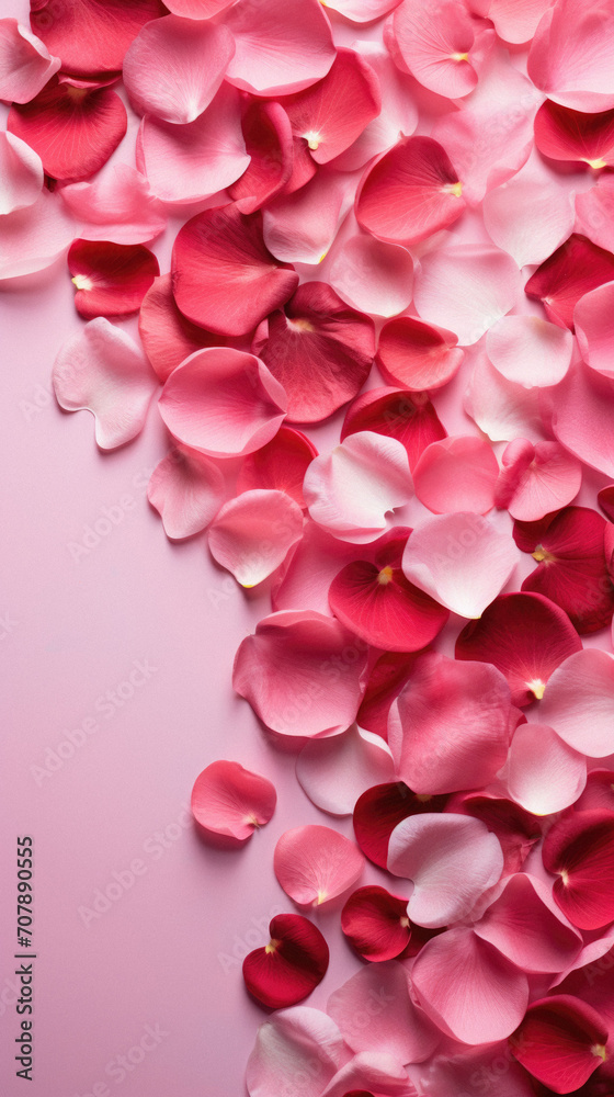 Pink rose petals on pink background. Top view, copy space.