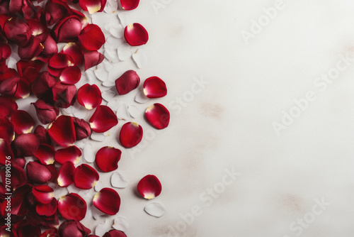 Red rose petals on white marble background with copy space. Top view. © Synthetica