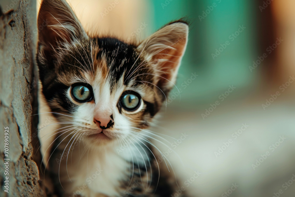Portrait of a very cute sad kitten with huge eyes in his daily life, space for text Portrait of a very cute sad kitten with huge eyes in his daily life, space for text