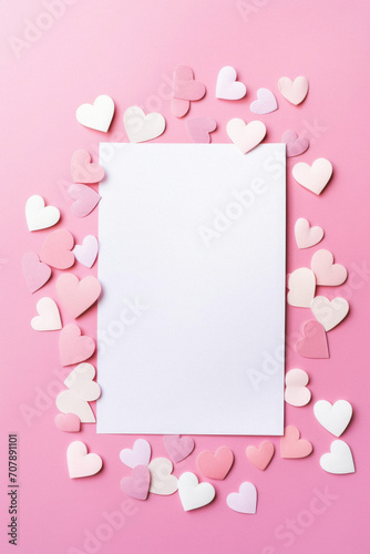 White paper with pink and white hearts on pink background, top view. © Synthetica