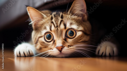 Portrait of a very cute sad kitten with huge eyes in his daily life, space for text © Irina B