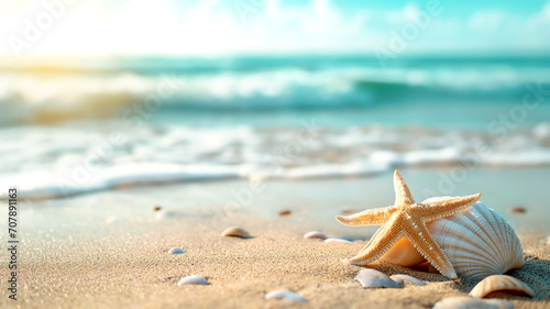 starfish and seashell on beach sand ocean