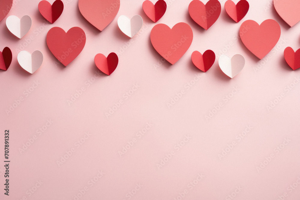 Red and white paper hearts on pink background, valentine's day concept.