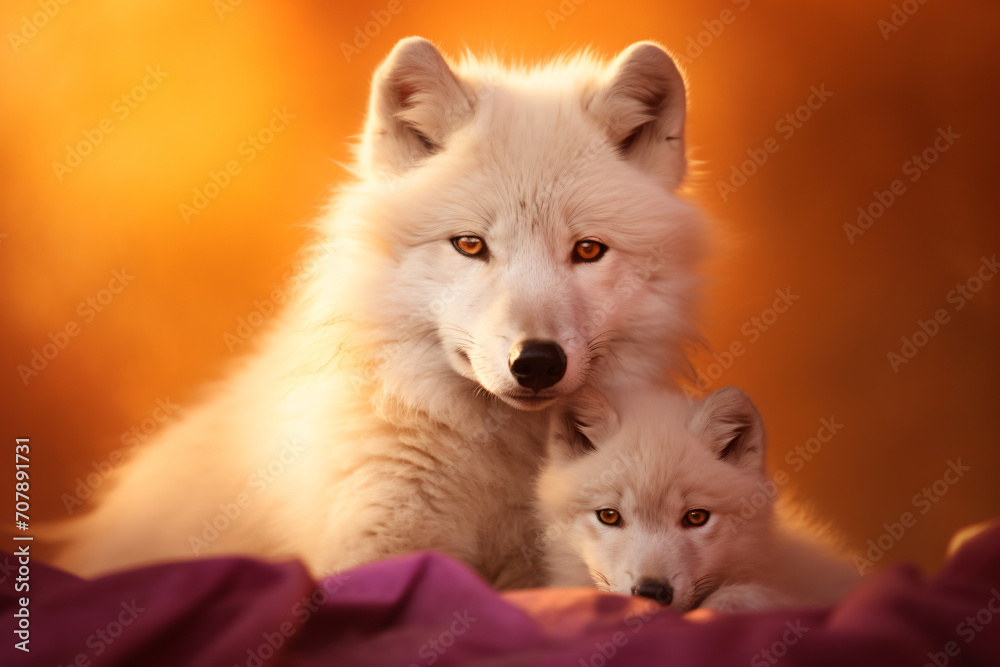 A white wolf and cub, in the style of backlight, warm color palette, focus stacking, light gold and violet, light red and amber, photo taken with provia, wimmelbilder

