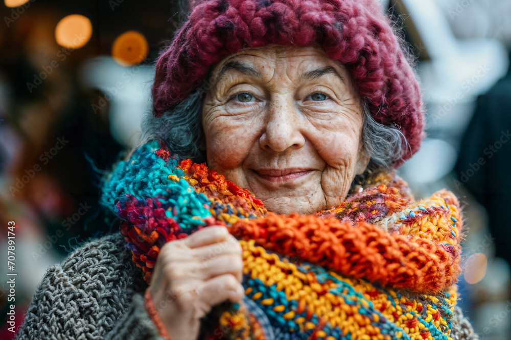 Elderly Lady's Warm Winter Smile. Generative AI Elderly Lady's Warm Winter Smile. Generative AI