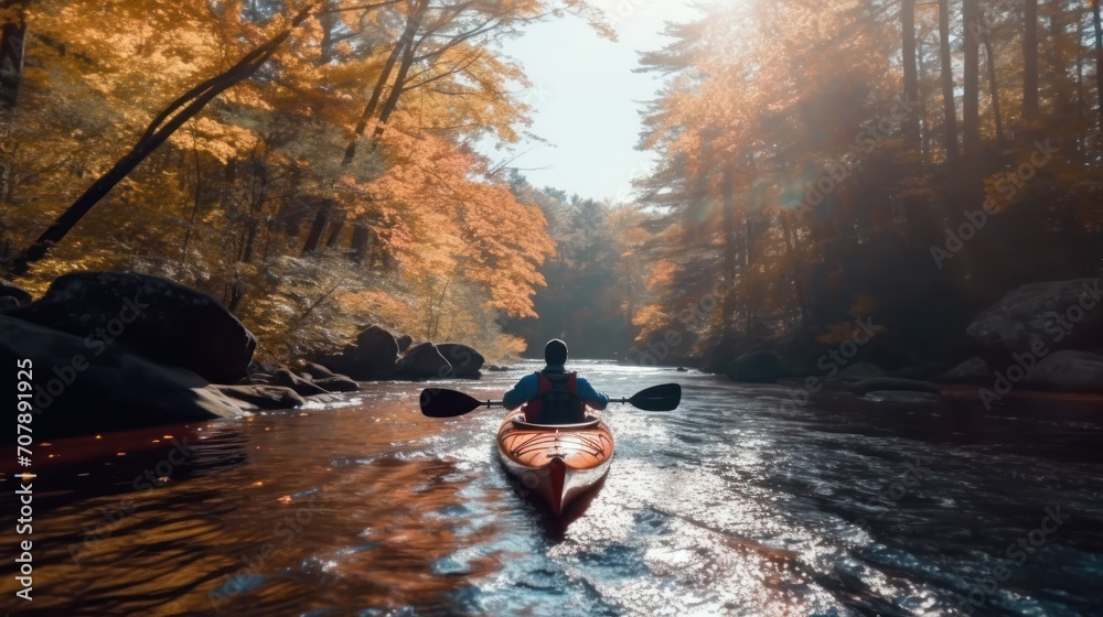 A boat on a swamp river surrounded by a lush forest, entering fall territory. quiet kayakking.