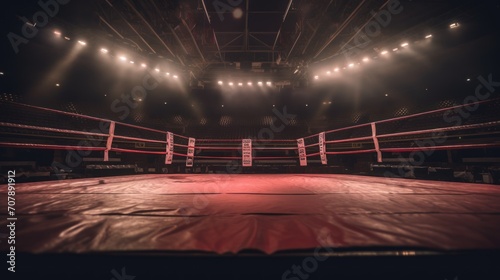 boxing ring surrounded by ropes spotlit by floodlights in an arena setting at night boxing ring in the spotlight on the fight night.
