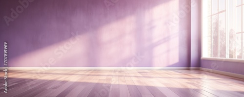 Light amethyst wall and wooden parquet floor, sunrays and shadows from window