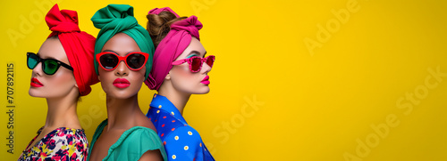 Retro 1980s Woman in Colorful Neon Clothes with Sunglasses. Fashion retro futuristic woman wearing sunglasses. Futuristic pop art fashion girl with geometric pattern background. Fashion retro futurist photo
