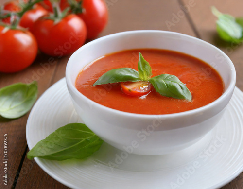 Tomato soup with basil leaves. Vegetarian dish
