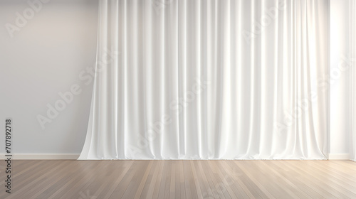3d empty modern minimal room with floor to ceiling and white sheer drape and brown wooden floor