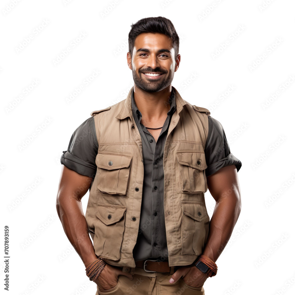 Front view of an extremely handsome Indian male model dressed as a Geologist smiling with arms folded, isolated on a white transparent background Front view of an extremely handsome Indian male model dressed as a Geologist smiling with arms folded, isolated on a white transparent background