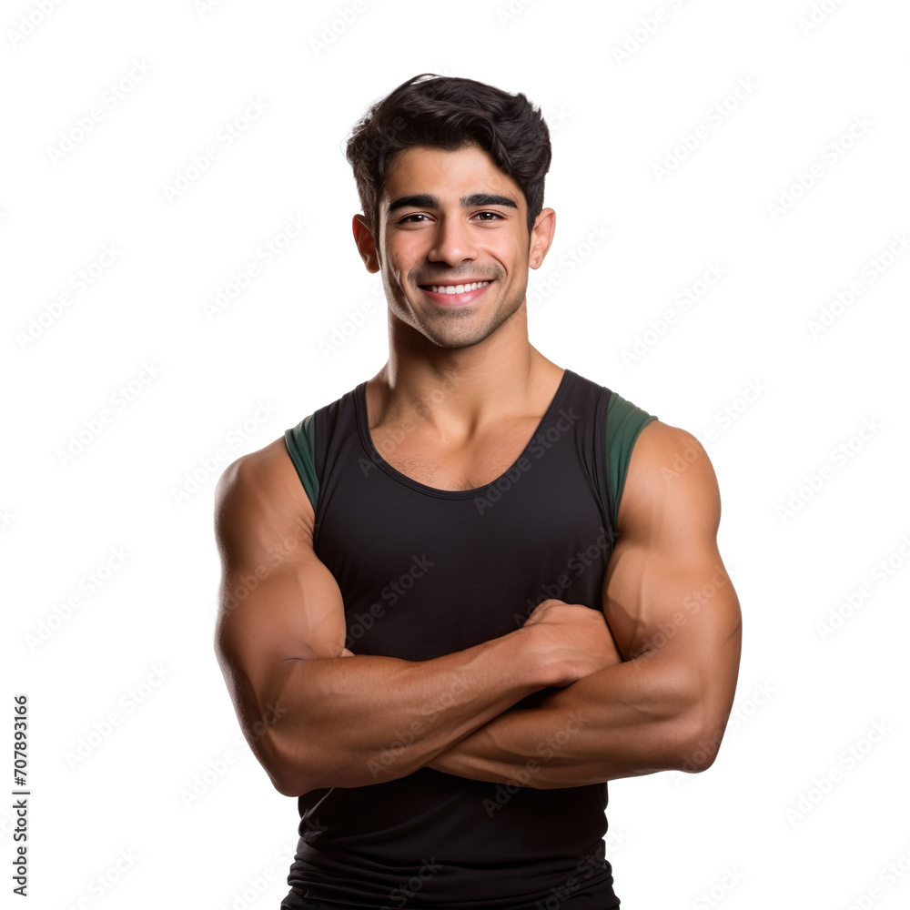 Front view of an extremely handsome Indian male model dressed as a Gymnast smiling with arms folded, isolated on a white transparent background Front view of an extremely handsome Indian male model dressed as a Gymnast smiling with arms folded, isolated on a white transparent background
