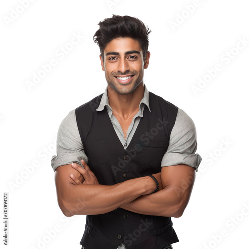 Front view of an extremely handsome Indian male model dressed as a Hairdresser smiling with arms folded, isolated on a white transparent background