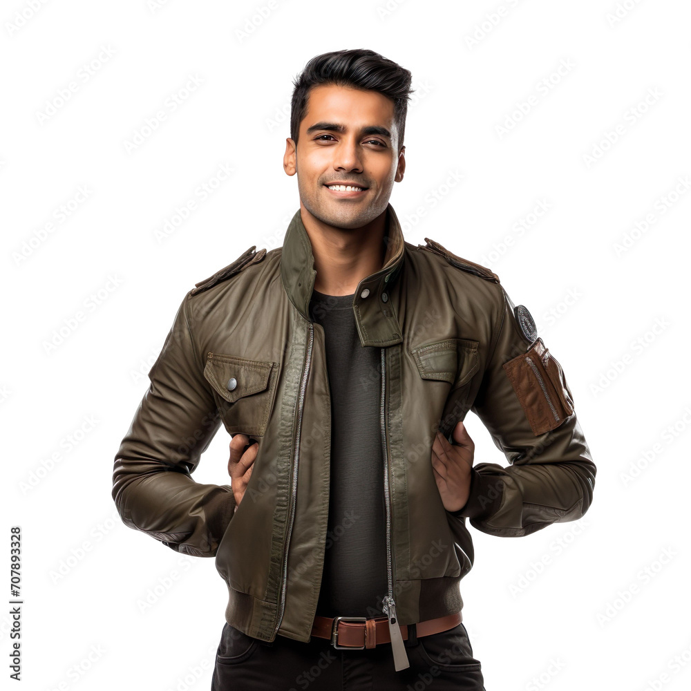 Fototapeta premium Front view of an extremely handsome Indian male model dressed as a Pilot smiling with arms folded, isolated on a white transparent background