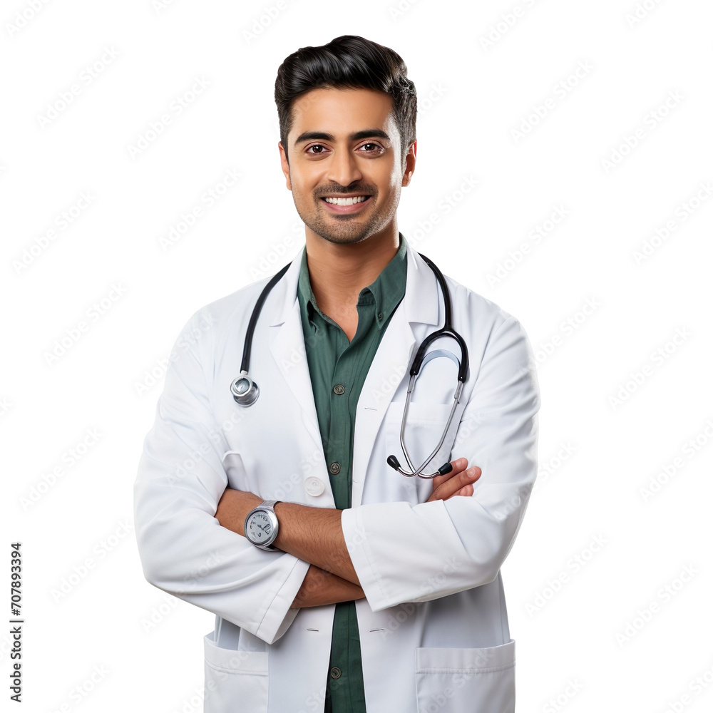 Front view of an extremely handsome Indian male model dressed as a Veterinarian smiling with arms folded, isolated on a white transparent background Front view of an extremely handsome Indian male model dressed as a Veterinarian smiling with arms folded, isolated on a white transparent background