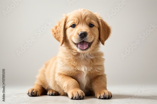 Cachorro golden retriever, echado, mirando a cámara, sacando la lengua, sobre fondo blanco