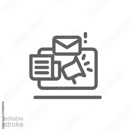News content icon. Simple outline style. Media announce, newsletter update, digital press, coverage, laptop with megaphone concept. Thin line symbol. Vector illustration isolated. Editable stroke.