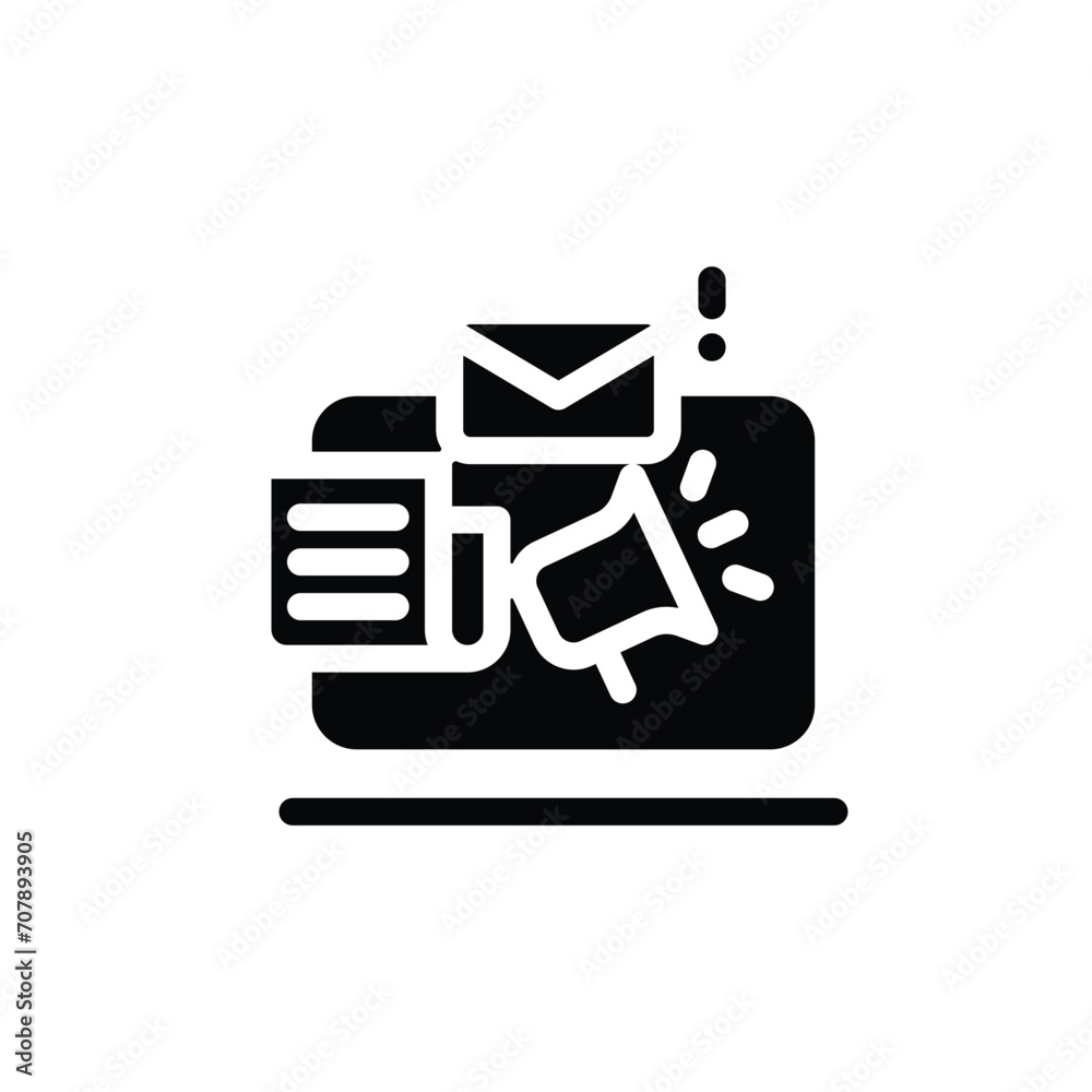 News content icon. Simple solid style. Media announce, newsletter update, digital press, coverage, laptop with megaphone concept. Black silhouette, glyph symbol. Vector illustration isolated. News content icon. Simple solid style. Media announce, newsletter update, digital press, coverage, laptop with megaphone concept. Black silhouette, glyph symbol. Vector illustration isolated.