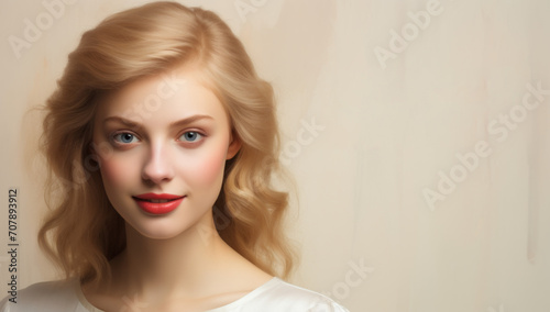 A beautiful young woman against a light beige background, Website main page, template, Beauty site or skincare concept with plain copy space and example text