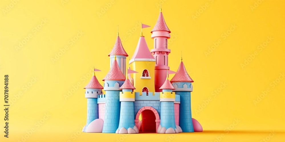 Magic Princess Castle with flags and towers. Cartoon Style. Children’s game. For games. Fantasy kingdom. Toy. Fairy-tale colourful design. 3D Illustration for book. Isolated on yellow Magic Princess Castle with flags and towers. Cartoon Style. Children’s game. For games. Fantasy kingdom. Toy. Fairy-tale colourful design. 3D Illustration for book. Isolated on yellow