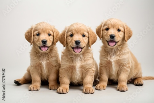 Tres cachorros golden retriever, sentados, sacando la lengua, mirando a cámara, sobre fondo blanco