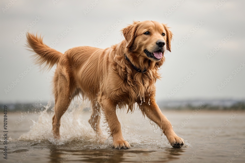 Perro golden retriever caminando en el agua de la orilla de un rio