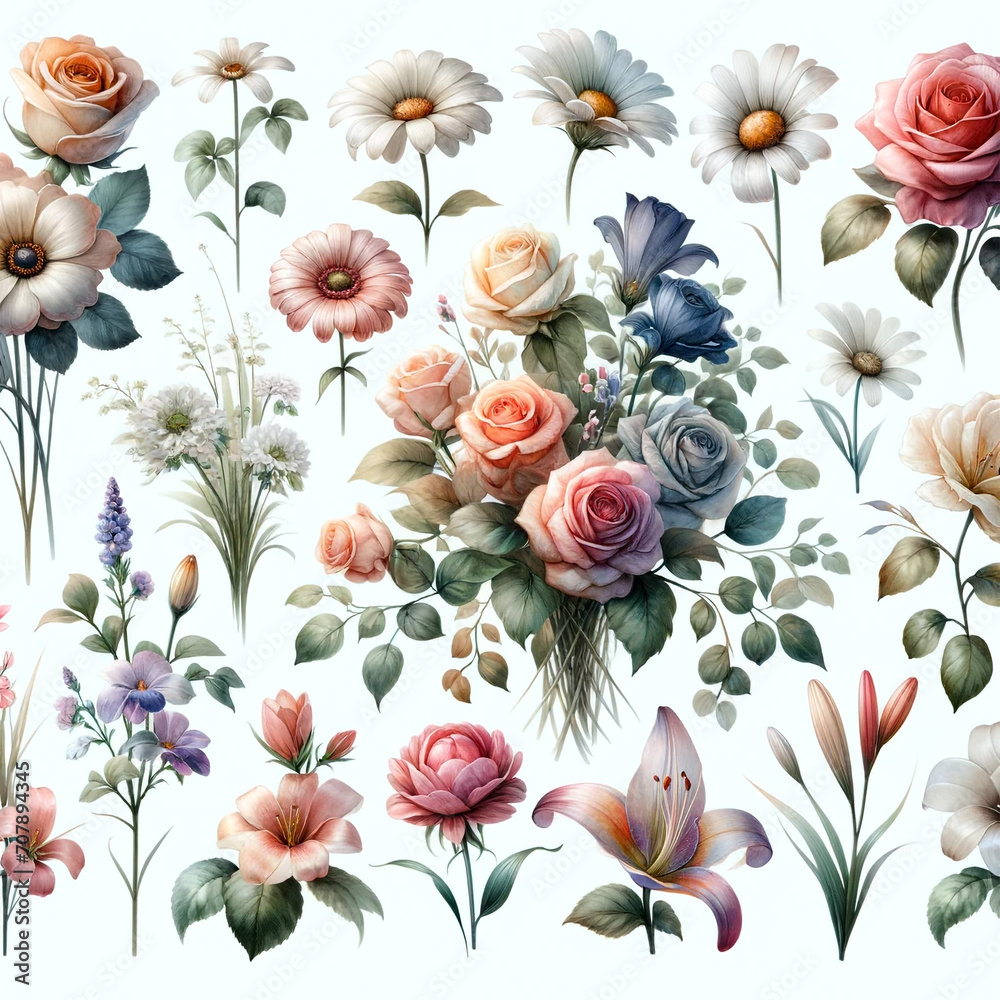  A set of watercolor flower clipart on a white background.