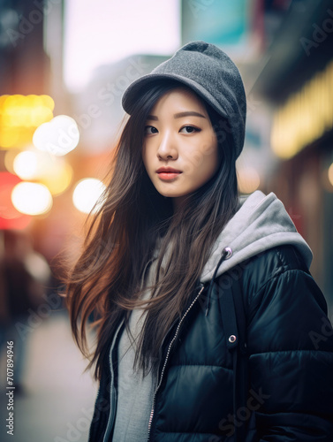 Portrait of a young asian woman in the street in the evening, wearing casual clothes. 