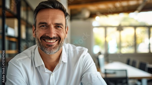 A high-definition portrayal capturing the infectious smile of a businessman in his office, reflecting a positive and uplifting professional environment photo