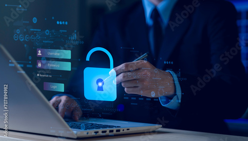 Cyber security. Data protection information. Encryption and safety secured access to user personal data. Cybercrime. Compromised information internet. Lock on laptop. Cyber attack on computer network