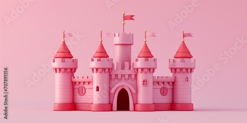 Magic Pink Princess Castle with flags and towers. Cartoon Style. Children’s game. For games. Fantasy kingdom. Toy. Fairy-tale colourful design. 3D Illustration for book. Isolated on plain © Zakhariya