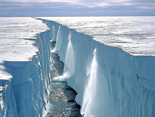 Melting glaciers of Antarctica. Cracks in the ice. Climate change concept