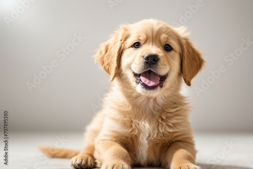Cachorro golden retriever, echado, sacando la lengua, mirando a cámara, sobre fondo blanco photo