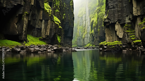 Detailed shooting of vertical green rocks on both sides of the canyon. Atmospheric and moody lighting. Generative AI