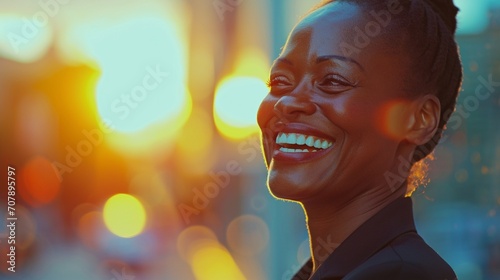  An authentic portrayal of a businesswoman's happy moment, captured in high definition, showcasing a sincere and infectious smile that adds a touch of vibrancy to the professional setting photo