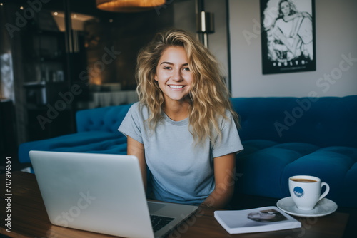 Feliz mujer freelance trabajando con su laptop y una taza de cafe desde la cafeteria. Generativo IA