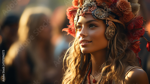Sunlit Bohemian Elegance: Young Woman Embracing Festival Vibes in Golden Hour - Serene, Natural Beauty with Floral Adornments, AI-Generated