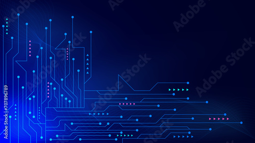 Futuristic circuit board technology. Blue cyber circuit, network connection, digital tech and modern communication concept background.
