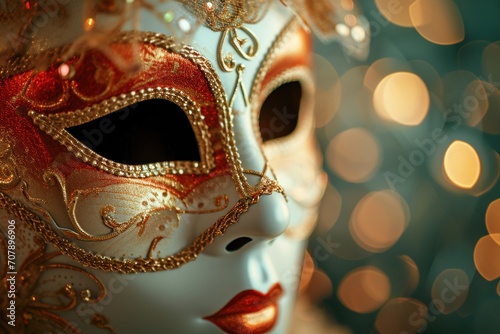 Close up of carnival golden mask for masquerade on bokeh background banner