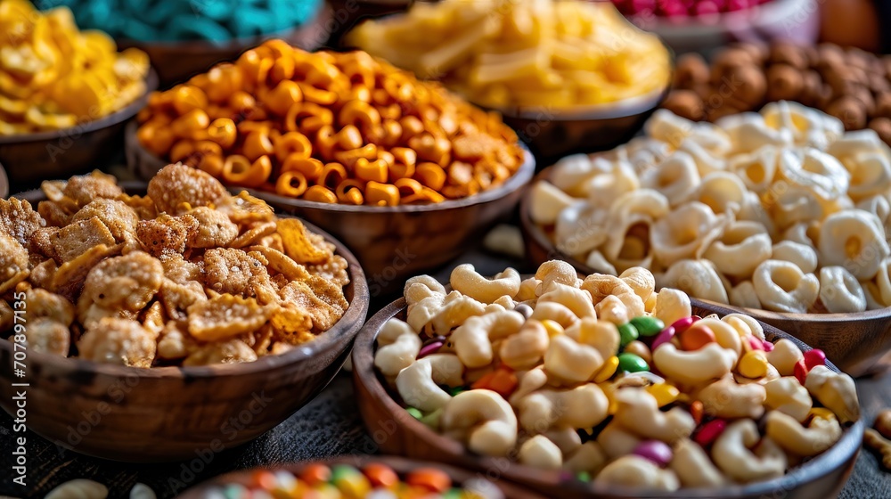 Diverse snacks in bowls offering a variety of flavors and textures