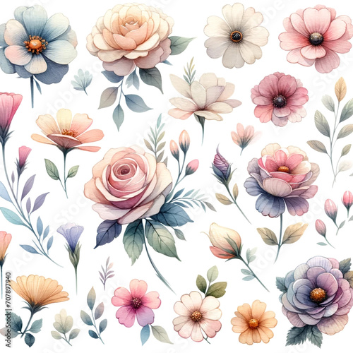  A watercolor clipart collection featuring various flowers.